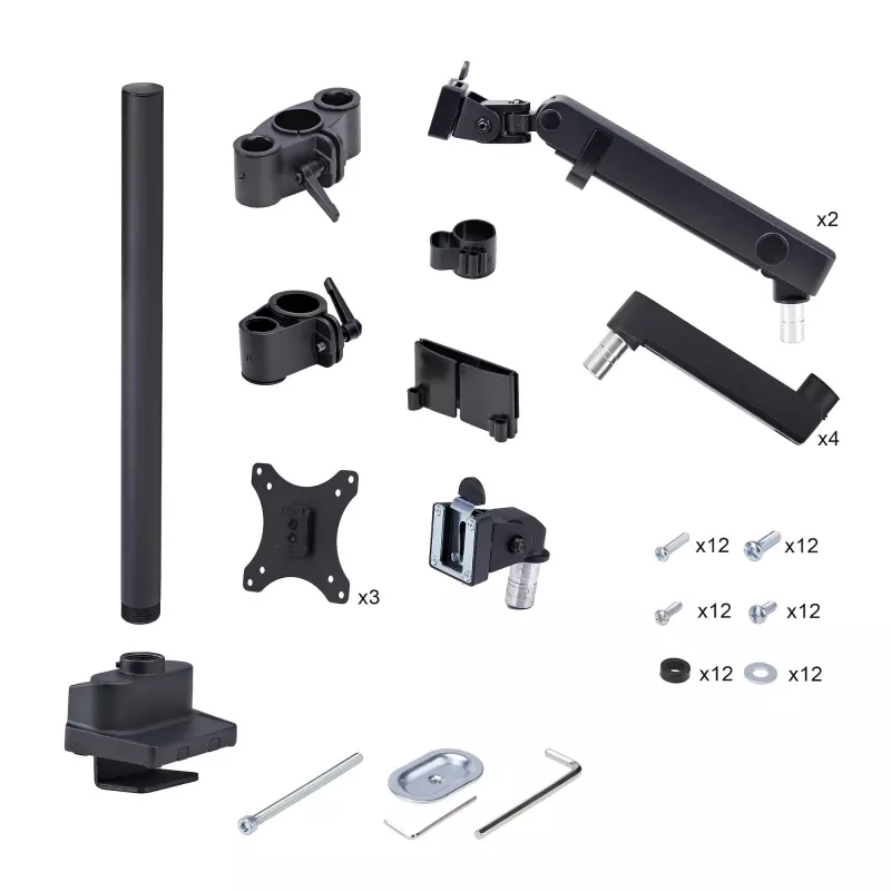 StarTech.com Soporte de escritorio para triple monitor para hasta tres pantallas de 27 pulgadas, VESA 75x75/100x100, ajuste de brazos sin herramientas, montaje con pinza C/pasacables, brazos asistidos por resorte