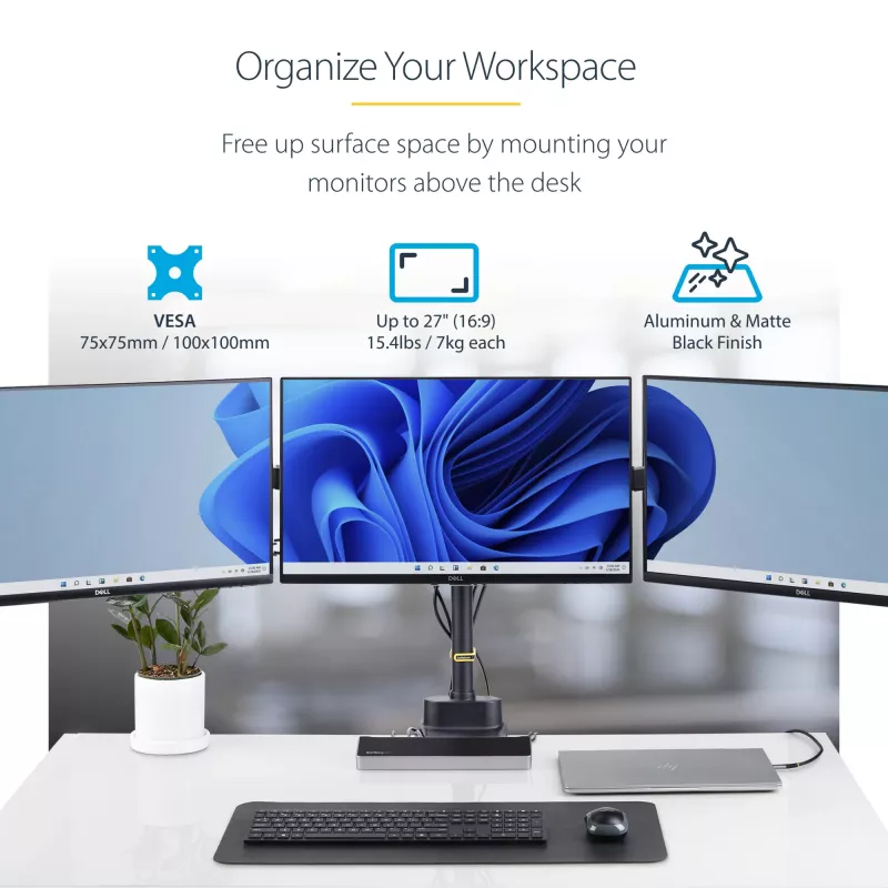 StarTech.com Soporte de escritorio para triple monitor para hasta tres pantallas de 27 pulgadas, VESA 75x75/100x100, ajuste de brazos sin herramientas, montaje con pinza C/pasacables, brazos asistidos por resorte