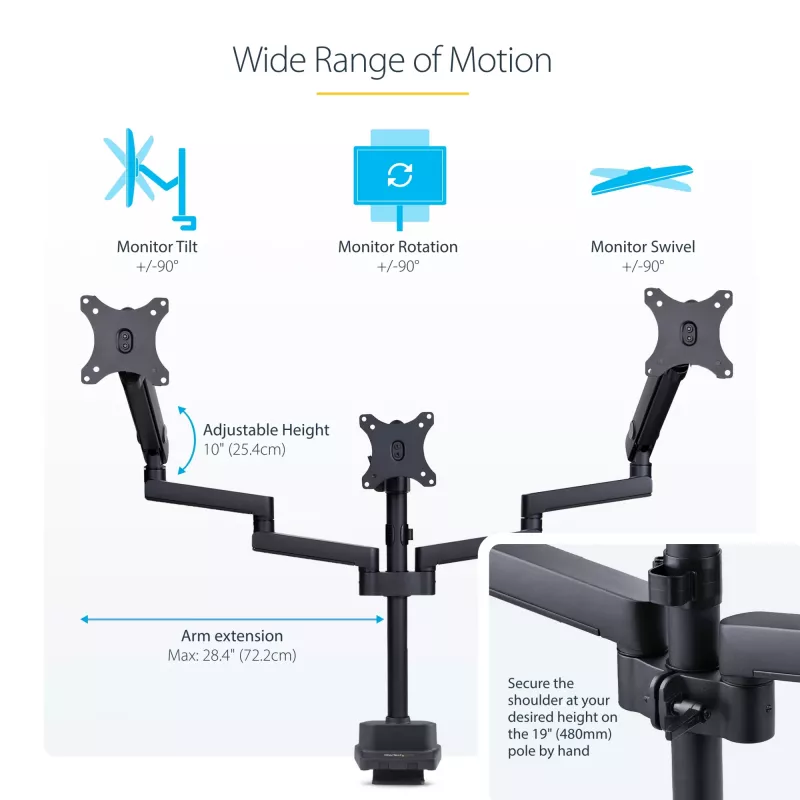 StarTech.com Soporte de escritorio para triple monitor para hasta tres pantallas de 27 pulgadas, VESA 75x75/100x100, ajuste de brazos sin herramientas, montaje con pinza C/pasacables, brazos asistidos por resorte
