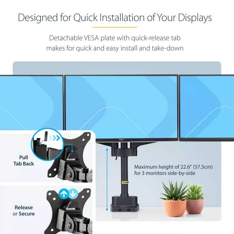 StarTech.com Soporte de escritorio para triple monitor para hasta tres pantallas de 27 pulgadas, VESA 75x75/100x100, ajuste de brazos sin herramientas, montaje con pinza C/pasacables, brazos asistidos por resorte