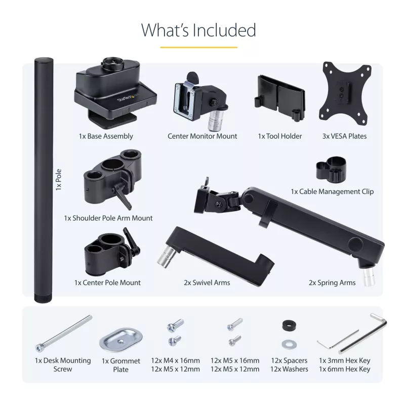StarTech.com Soporte de escritorio para triple monitor para hasta tres pantallas de 27 pulgadas, VESA 75x75/100x100, ajuste de brazos sin herramientas, montaje con pinza C/pasacables, brazos asistidos por resorte