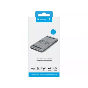 Batería externa portátil Sandberg Powerbank 10000 PD20W+Wireless, 10000 mAh
