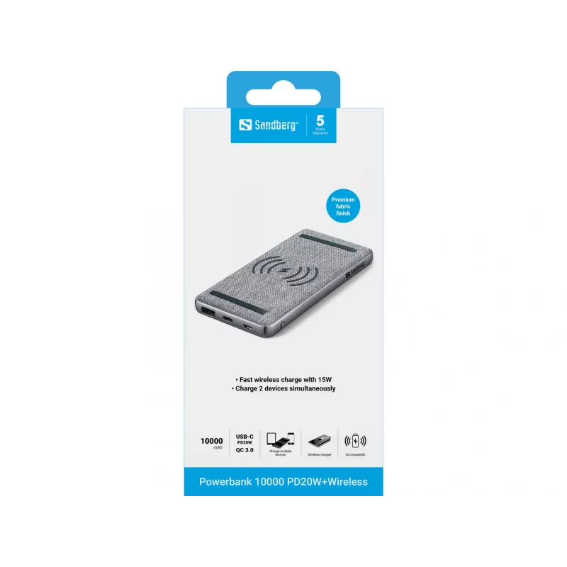 Batería externa portátil Sandberg Powerbank 10000 PD20W+Wireless, 10000 mAh