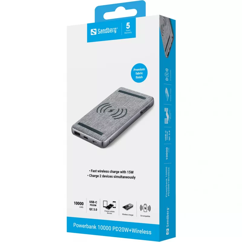 Batería externa portátil Sandberg Powerbank 10000 PD20W+Wireless, 10000 mAh