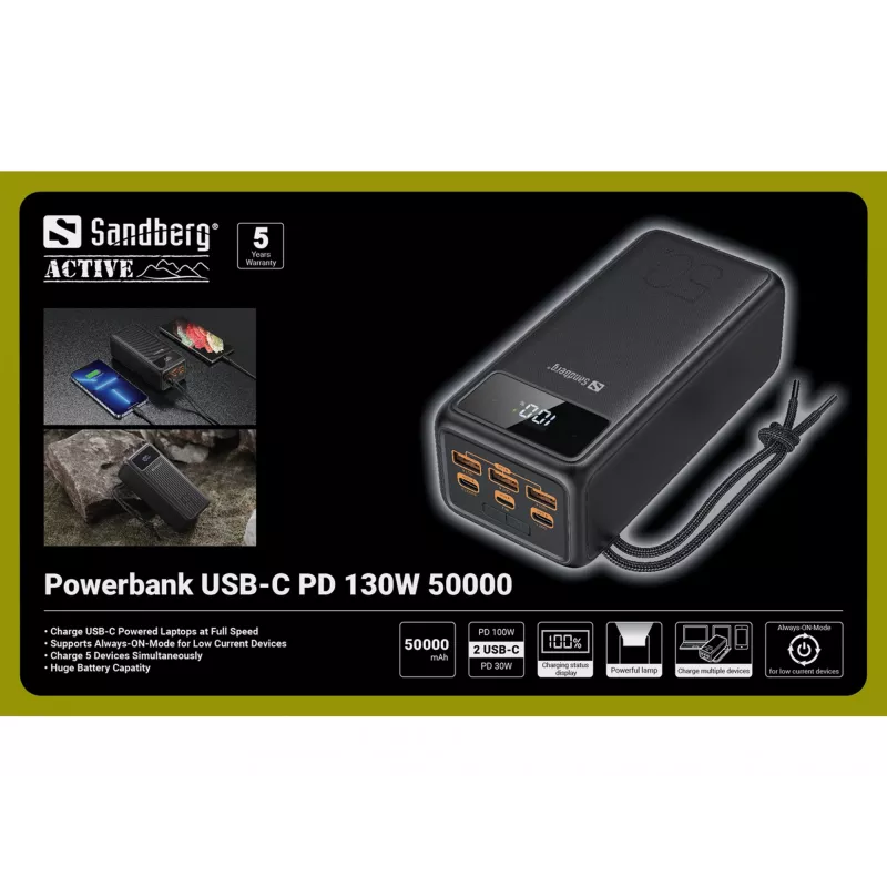Batería externa portátil Sandberg USB-C PD 130W 50000mAh