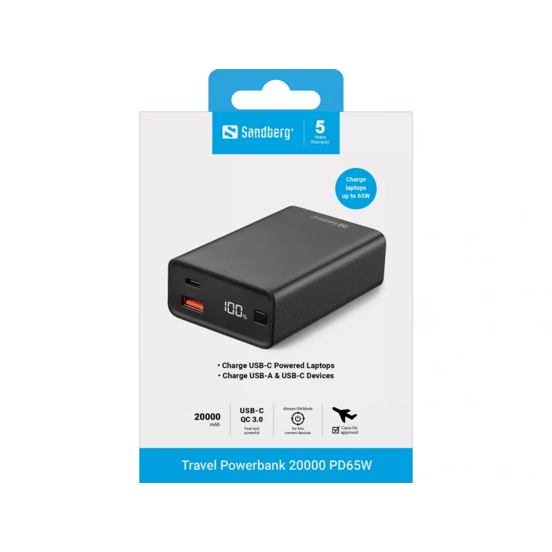 Batería externa portátil Sandberg Travel Powerbank 20000 PD65W, 20000 mAh