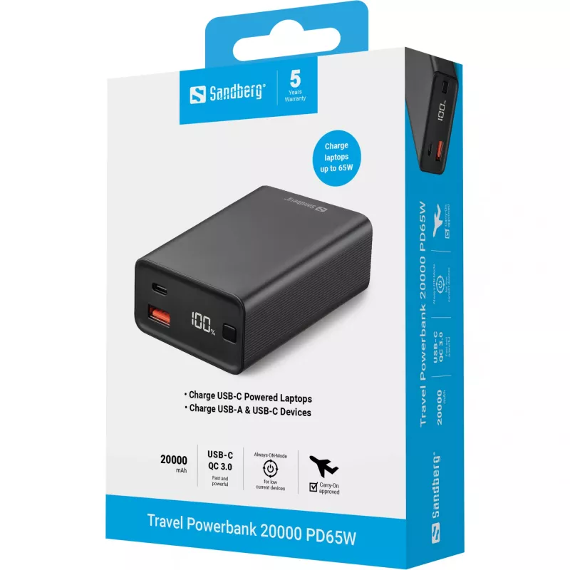 Batería externa portátil Sandberg Travel Powerbank 20000 PD65W, 20000 mAh
