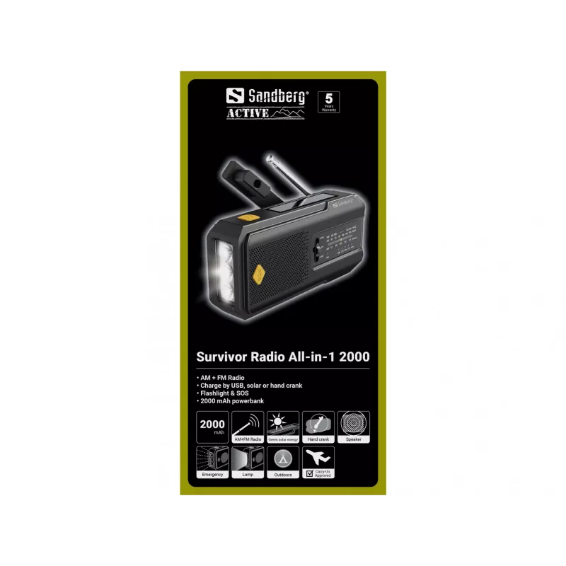 Sandberg Survivor Radio All-in-1 2000, portátil, AM, FM, 87–180 MHz, 520–1710 kHz, 3 W, analógica