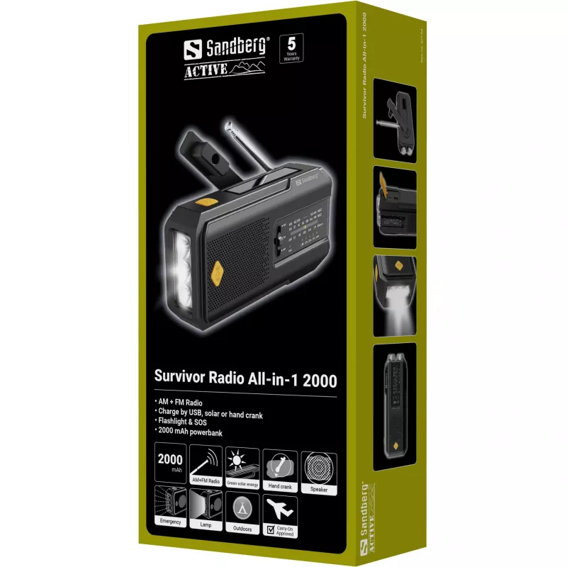 Sandberg Survivor Radio All-in-1 2000, portátil, AM, FM, 87–180 MHz, 520–1710 kHz, 3 W, analógica