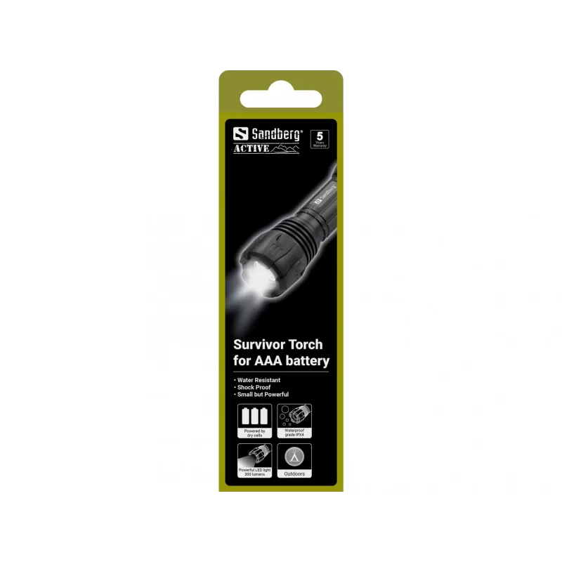 Sandberg Survivor Torch para pila AAA, linterna de mano, negra, aluminio, LED, 3 W, 150 lm