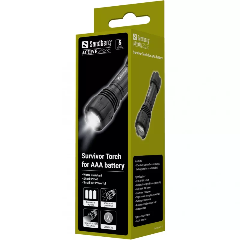 Sandberg Survivor Torch para pila AAA, linterna de mano, negra, aluminio, LED, 3 W, 150 lm