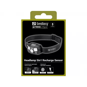 Linterna frontal Sandberg 5in1 Recharge Sensor LED 200 lm negra