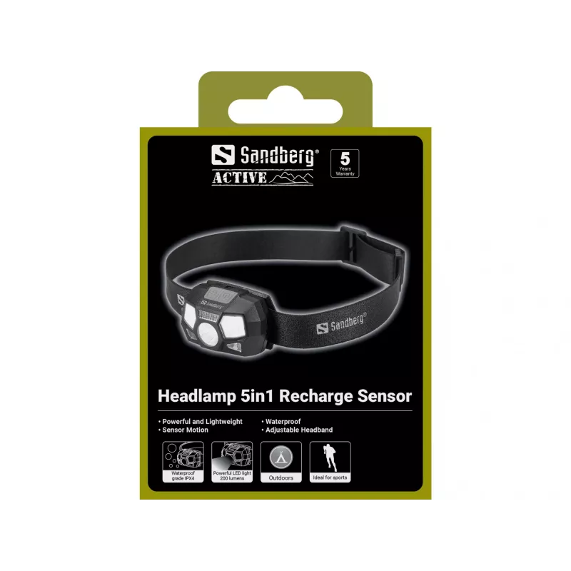 Linterna frontal Sandberg 5in1 Recharge Sensor LED 200 lm negra