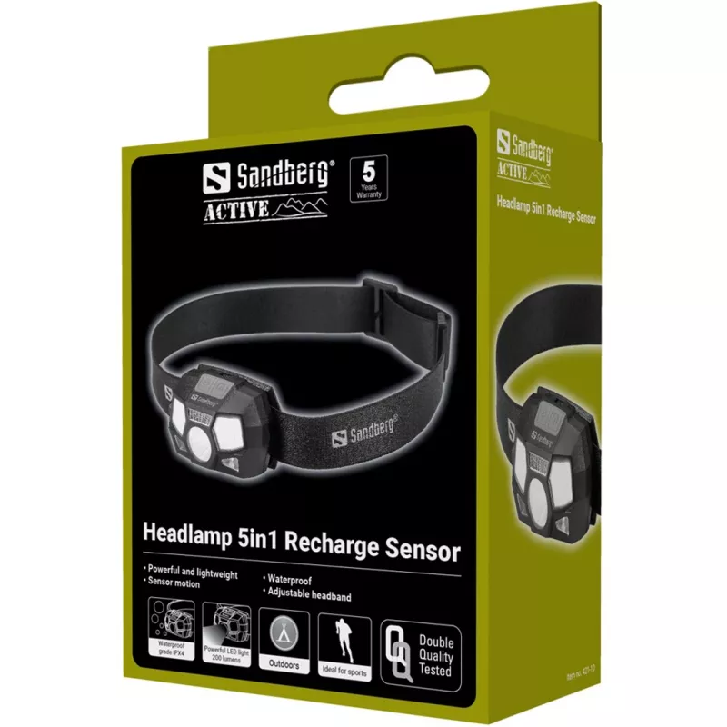 Linterna frontal Sandberg 5in1 Recharge Sensor LED 200 lm negra
