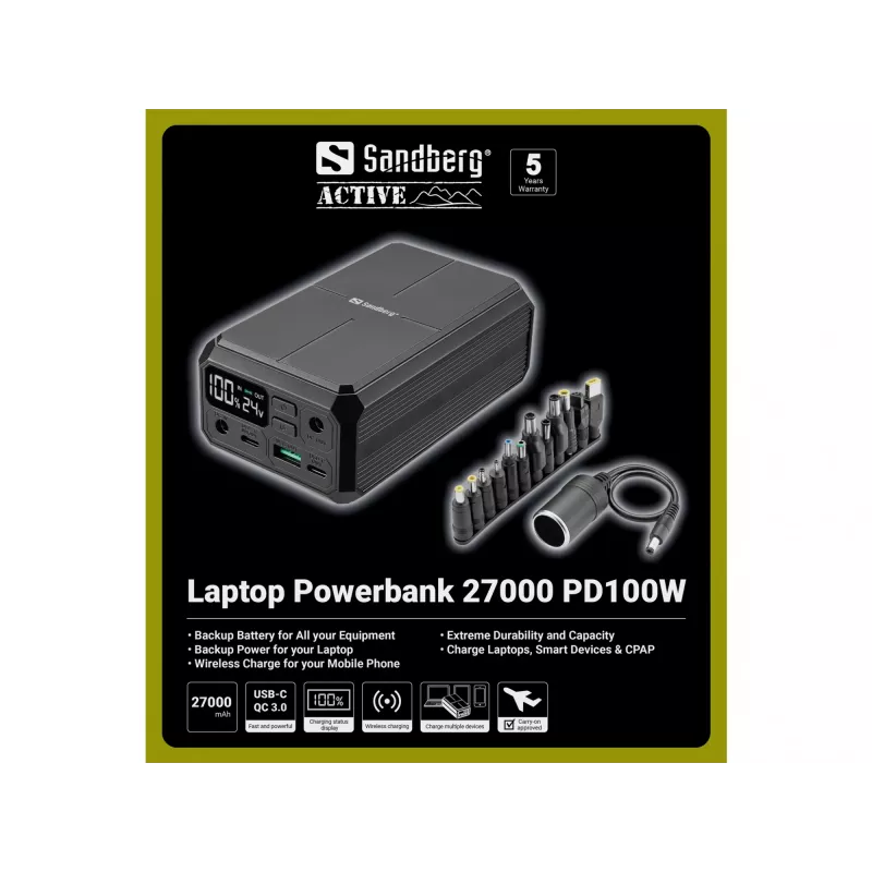 Batería externa portátil Sandberg Laptop Powerbank 27000 PD100W, 27000 mAh