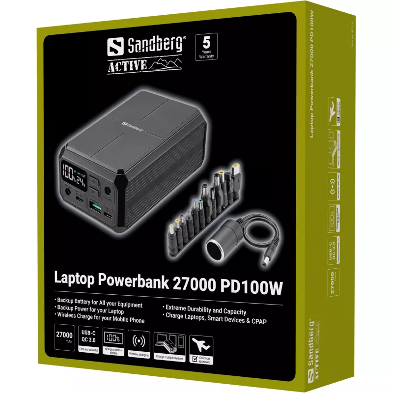 Batería externa portátil Sandberg Laptop Powerbank 27000 PD100W, 27000 mAh