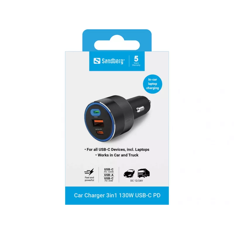 Cargador de coche Sandberg 3en1 130W USB-C PD cargador rápido universal