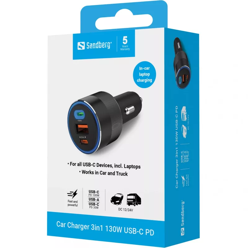 Cargador de coche Sandberg 3en1 130W USB-C PD cargador rápido universal