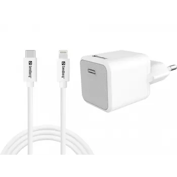 Cargador de CA Sandberg 20W USB-C + Lightning 1M carga rápida blanco