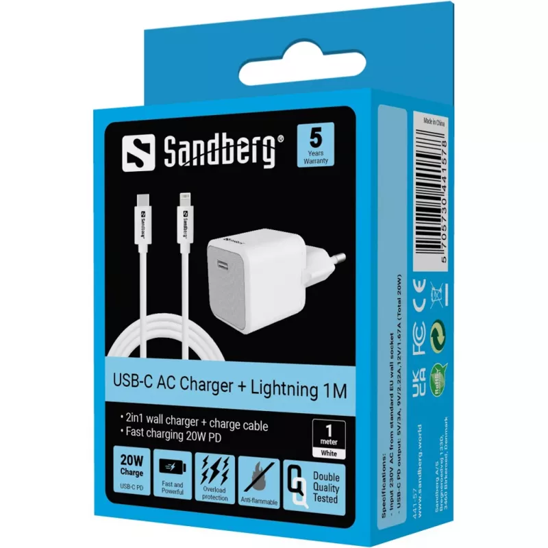 Cargador de CA Sandberg 20W USB-C + Lightning 1M carga rápida blanco