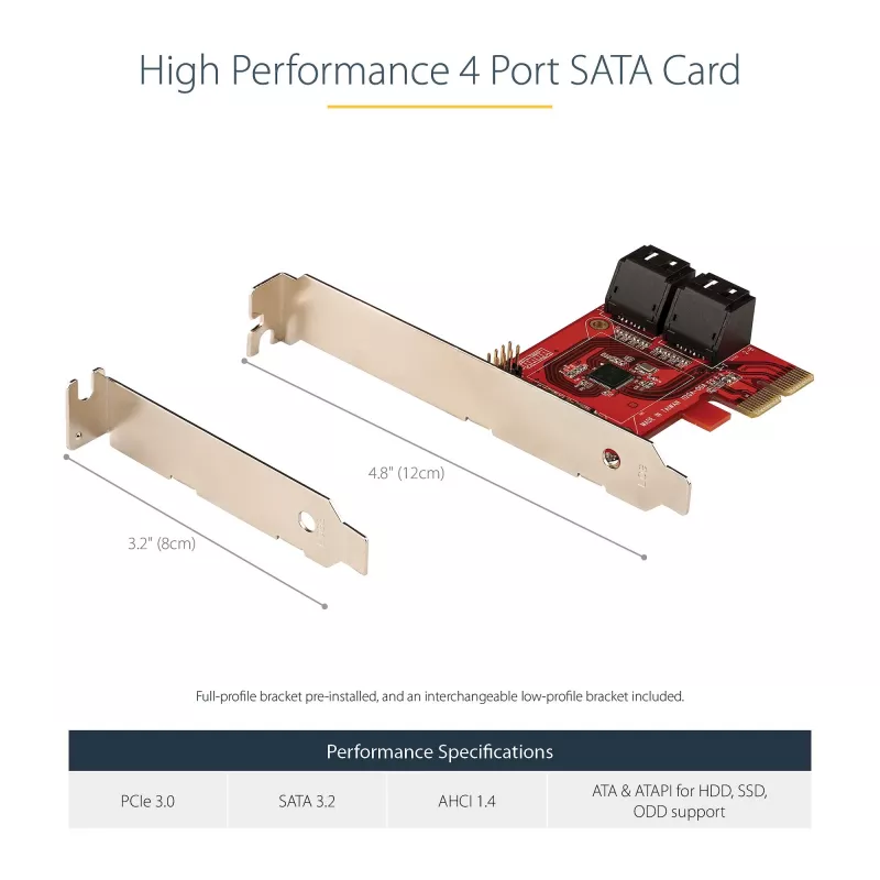 Tarjeta SATA PCIe StarTech.com - tarjeta de expansión SATA PCIe de 4 puertos - 6 Gbit/s - perfil bajo - conectores SATA apilados - ASM1164 Non-RAID - convertidor PCI Express a SATA