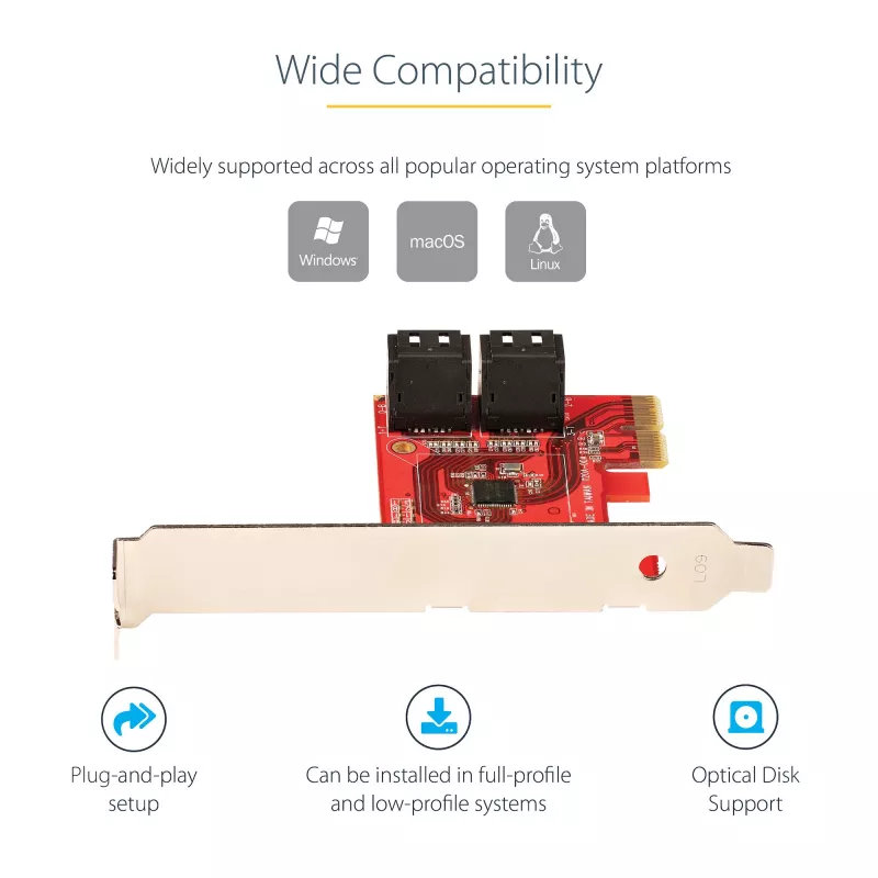 Tarjeta SATA PCIe StarTech.com - tarjeta de expansión SATA PCIe de 4 puertos - 6 Gbit/s - perfil bajo - conectores SATA apilados - ASM1164 Non-RAID - convertidor PCI Express a SATA
