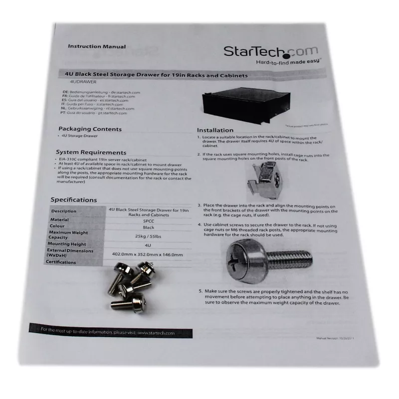 StarTech.com cajón de almacenamiento de acero negro 4U para racks y armarios de 19