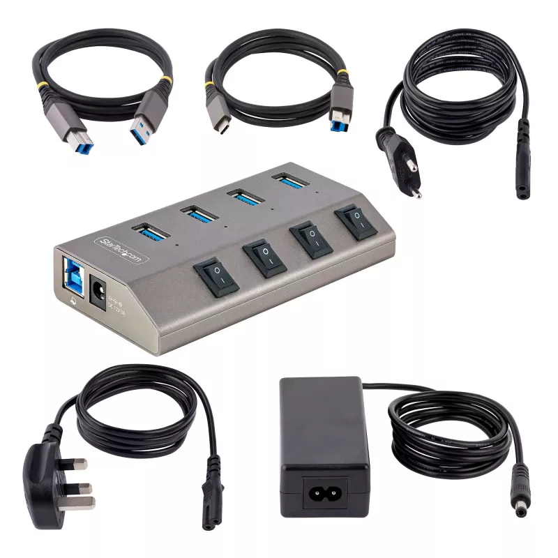 Hub USB-C autoalimentado de 4 puertos StarTech.com con interruptores individuales de encendido/apagado, hub de expansión USB 3.0 5Gbps con fuente de alimentación, hub USB-C a USB-A para sobremesa/portátil, hub USB Type-C con BC 1.2