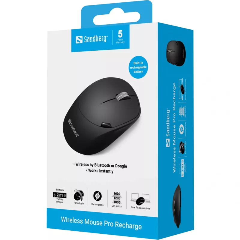 Ratón inalámbrico Sandberg Wireless Mouse Pro Recharge RF Wireless + Bluetooth