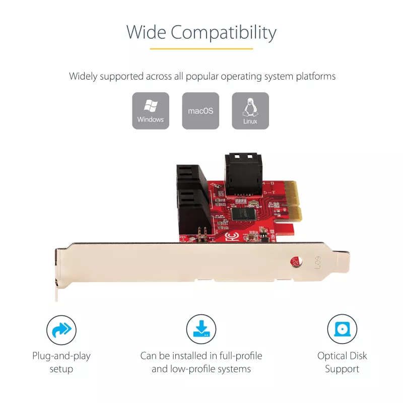 StarTech.com tarjeta SATA PCIe – tarjeta de expansión PCIe SATA de 6 puertos – 6 Gbit/s – perfil bajo/completo – conectores SATA apilados – ASM1166 Non-RAID – convertidor PCI Express a SATA