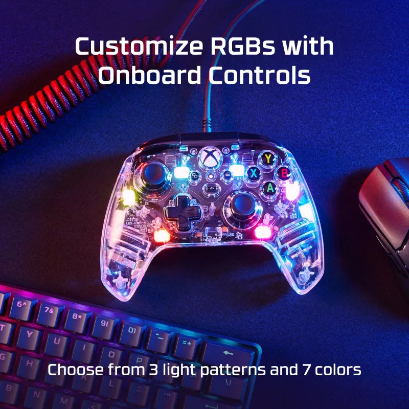 HyperX Clutch Gladiate – mando gaming RGB con cable – Xbox, gamepad, Xbox One, Xbox Series X, con cable, USB, USB Type-A, USB Type-C, transparente