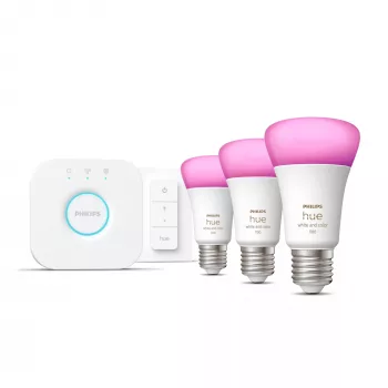 Kit de iluminación inteligente Philips Hue White and Colour Ambience Starterkit – 3 bombillas E27 de 11W, Bluetooth/Zigbee, regulador