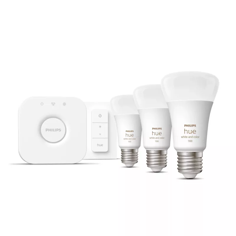 Kit de iluminación inteligente Philips Hue White and Colour Ambience Starterkit – 3 bombillas E27 de 11W, Bluetooth/Zigbee, regulador