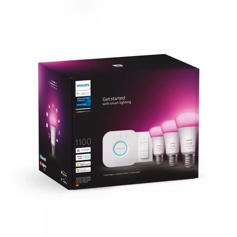 Kit de iluminación inteligente Philips Hue White and Colour Ambience Starterkit – 3 bombillas E27 de 11W, Bluetooth/Zigbee, regulador