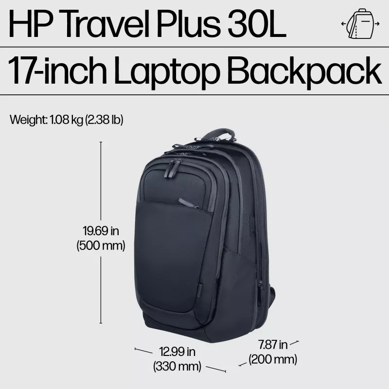 HP Travel Plus mochila para portátil de 30 l, 17,3 pulgadas (43,9 cm), ampliable a 35 l, bolsillo con bloqueo RFID, 1,08 kg, azul grafito