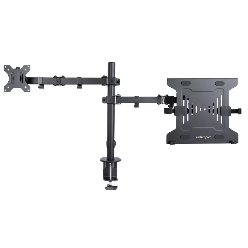 StarTech.com A2-LAPTOP-DESK-MOUNT brazo de monitor ajustable con bandeja VESA para portátil, para portátil de hasta 4,5 kg (9,9 lb) y una sola pantalla, montaje con abrazadera en C o pasacables, acero/plástico, negro