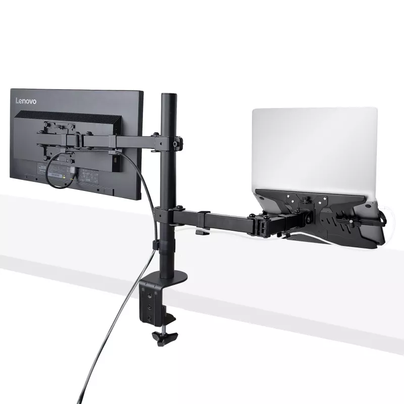 StarTech.com A2-LAPTOP-DESK-MOUNT brazo de monitor ajustable con bandeja VESA para portátil, para portátil de hasta 4,5 kg (9,9 lb) y una sola pantalla, montaje con abrazadera en C o pasacables, acero/plástico, negro