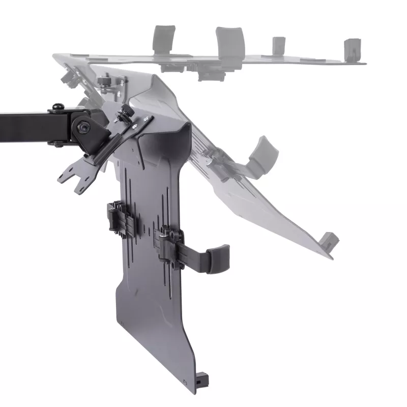 StarTech.com A2-LAPTOP-DESK-MOUNT brazo de monitor ajustable con bandeja VESA para portátil, para portátil de hasta 4,5 kg (9,9 lb) y una sola pantalla, montaje con abrazadera en C o pasacables, acero/plástico, negro