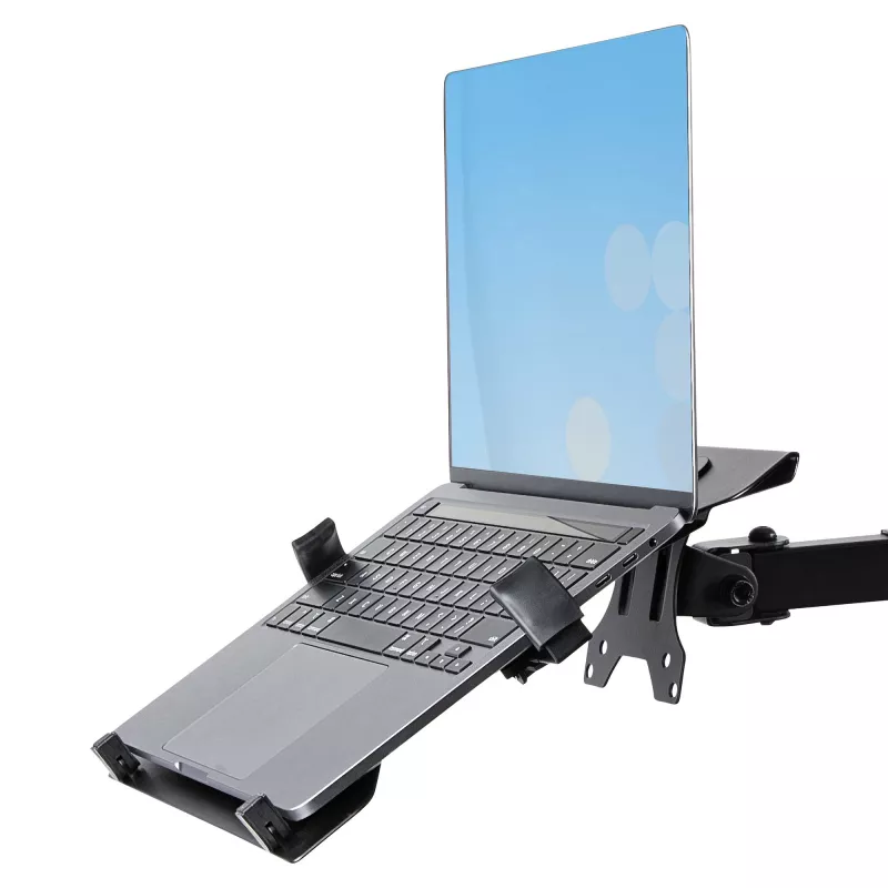 StarTech.com A2-LAPTOP-DESK-MOUNT brazo de monitor ajustable con bandeja VESA para portátil, para portátil de hasta 4,5 kg (9,9 lb) y una sola pantalla, montaje con abrazadera en C o pasacables, acero/plástico, negro