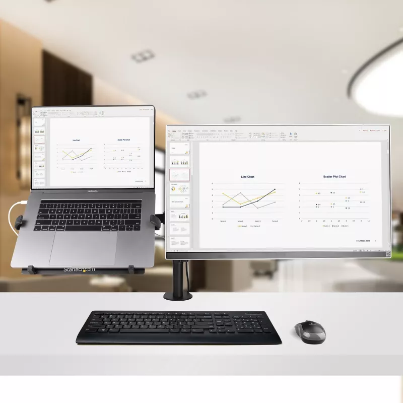 StarTech.com A2-LAPTOP-DESK-MOUNT brazo de monitor ajustable con bandeja VESA para portátil, para portátil de hasta 4,5 kg (9,9 lb) y una sola pantalla, montaje con abrazadera en C o pasacables, acero/plástico, negro