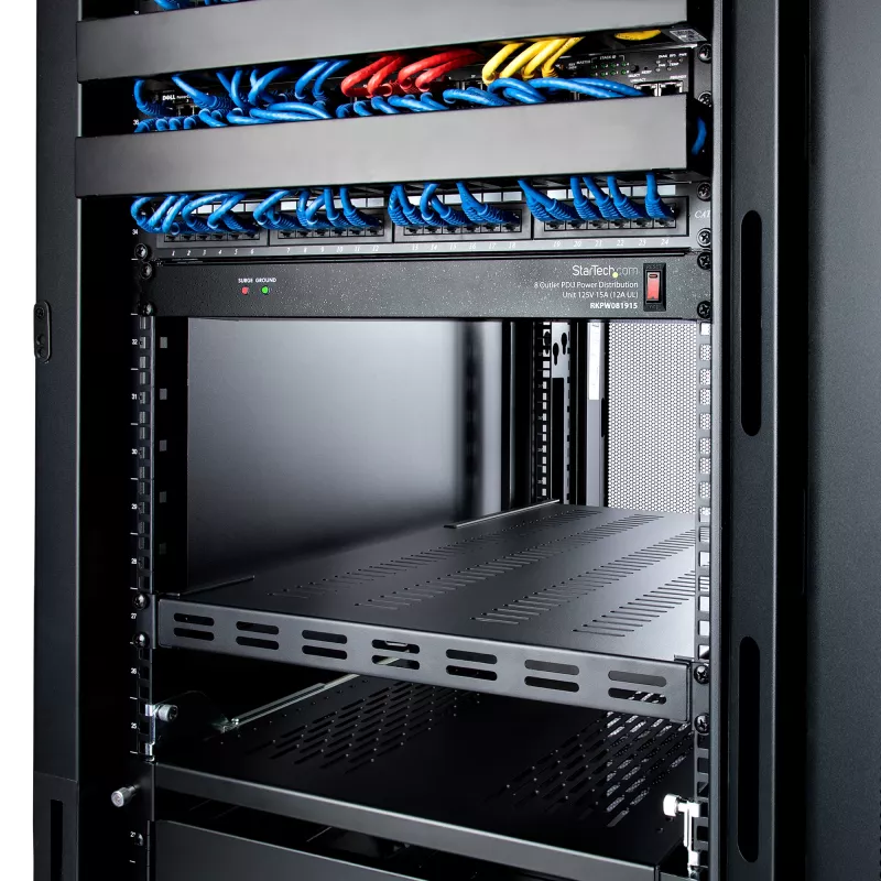 StarTech.com ADJSHELFHDV bandeja 1U ajustable ventilada para rack de servidor, para uso intensivo, 150 kg, profundidad de montaje ajustable 49,5–97,4 cm (19,5–38 pulgadas), 19 pulgadas, negra