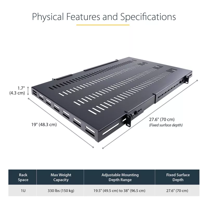 StarTech.com ADJSHELFHDV bandeja 1U ajustable ventilada para rack de servidor, para uso intensivo, 150 kg, profundidad de montaje ajustable 49,5–97,4 cm (19,5–38 pulgadas), 19 pulgadas, negra