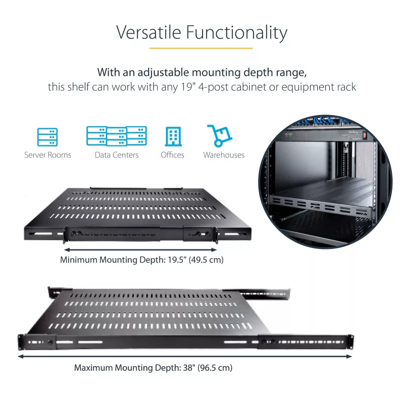 StarTech.com ADJSHELFHDV bandeja 1U ajustable ventilada para rack de servidor, para uso intensivo, 150 kg, profundidad de montaje ajustable 49,5–97,4 cm (19,5–38 pulgadas), 19 pulgadas, negra