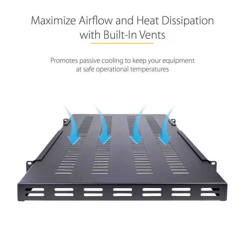 StarTech.com ADJSHELFHDV bandeja 1U ajustable ventilada para rack de servidor, para uso intensivo, 150 kg, profundidad de montaje ajustable 49,5–97,4 cm (19,5–38 pulgadas), 19 pulgadas, negra