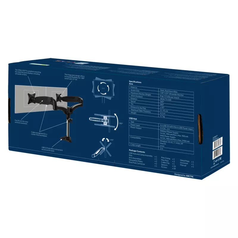 ARCTIC Z2-3D Gen 3 soporte de mesa brazo doble para monitor con pistón de gas, abrazadera, 8 kg, 73,7 cm (29 pulgadas), 86,4 cm (34 pulgadas), 100 x 100 mm, negro
