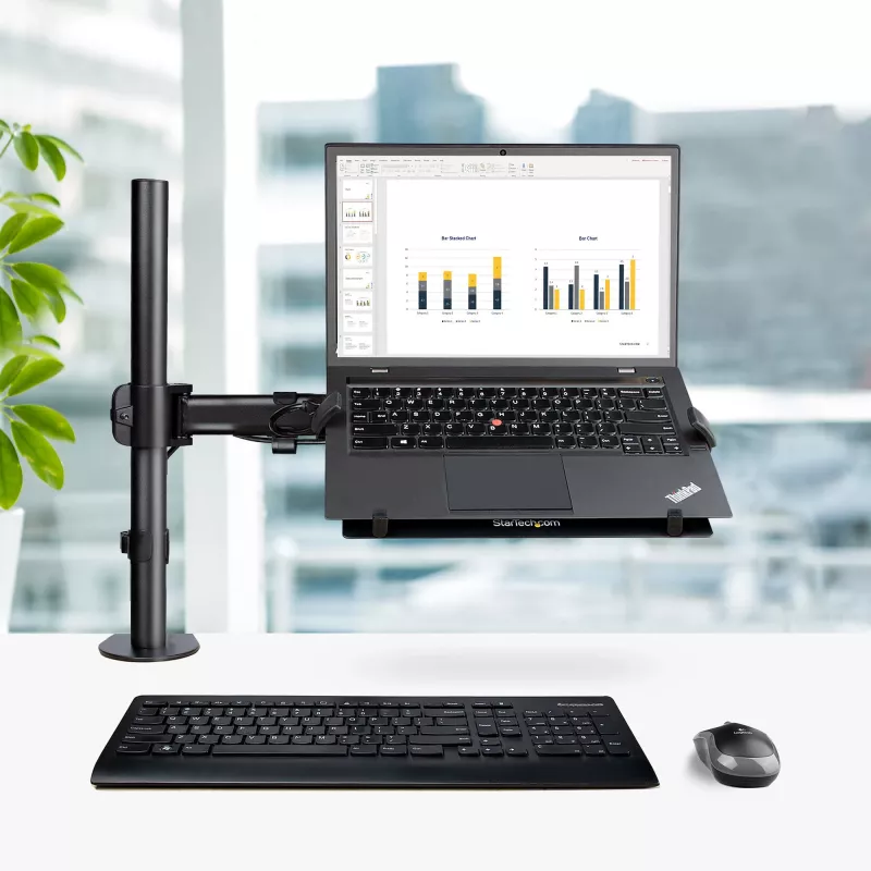 StarTech.com A-LAPTOP-DESK-MOUNT soporte de escritorio para monitor y portátil, para pantallas de hasta 34 pulgadas (8 kg / 17,6 lb) y portátiles (4,5 kg / 9,9 lb), brazo articulado con bandeja VESA para portátil, montaje con abrazadera