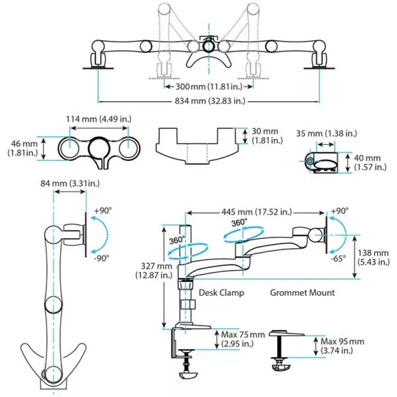 StarTech.com ARMDUAL soporte articulado para dos monitores, montaje en escritorio/pasacables, altura regulable, gestión de cables, 12-24 pulgadas, VESA 75x75/100x100, negro