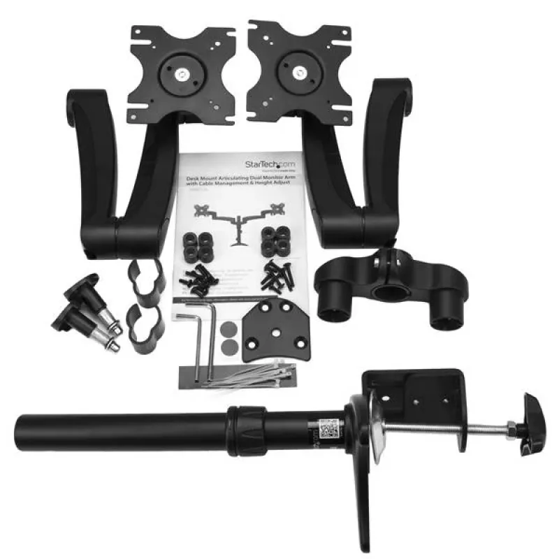 StarTech.com ARMDUAL soporte articulado para dos monitores, montaje en escritorio/pasacables, altura regulable, gestión de cables, 12-24 pulgadas, VESA 75x75/100x100, negro