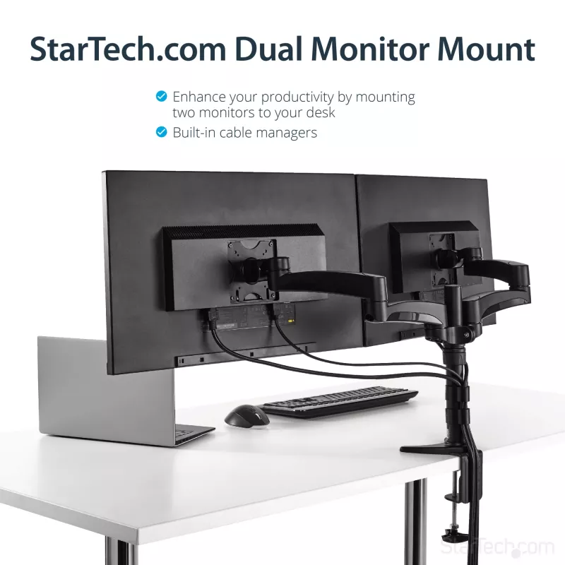 StarTech.com ARMDUAL soporte articulado para dos monitores, montaje en escritorio/pasacables, altura regulable, gestión de cables, 12-24 pulgadas, VESA 75x75/100x100, negro