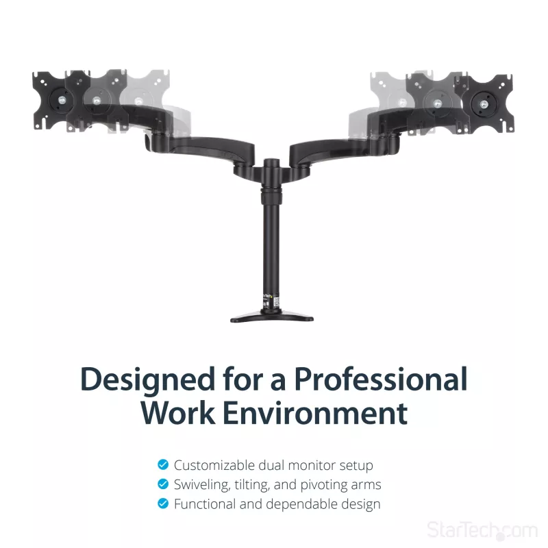 StarTech.com ARMDUAL soporte articulado para dos monitores, montaje en escritorio/pasacables, altura regulable, gestión de cables, 12-24 pulgadas, VESA 75x75/100x100, negro